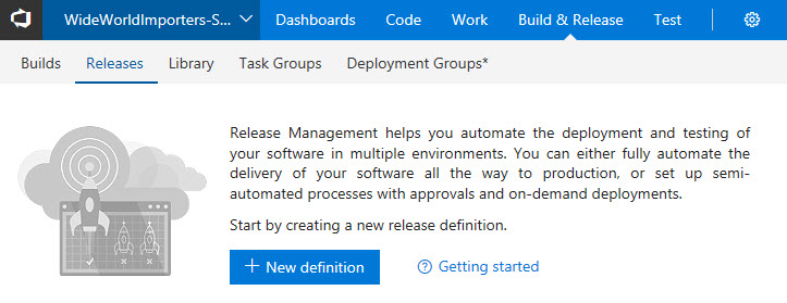 In VSTS, for WideWorldImporters-SSDT, the build and Release menu is selected. The Releases tab has no release definitions, but provides instructions for how to create a new one.